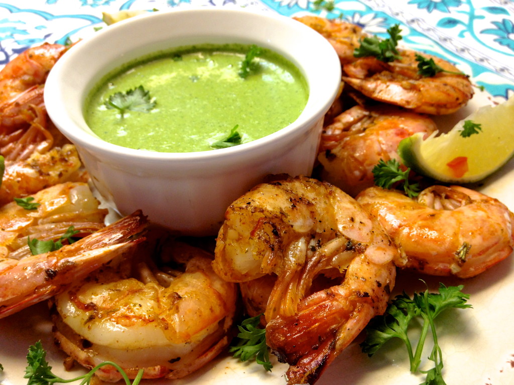 Grilled Cajun Prawns with Jalapeño Cilantro Sauce