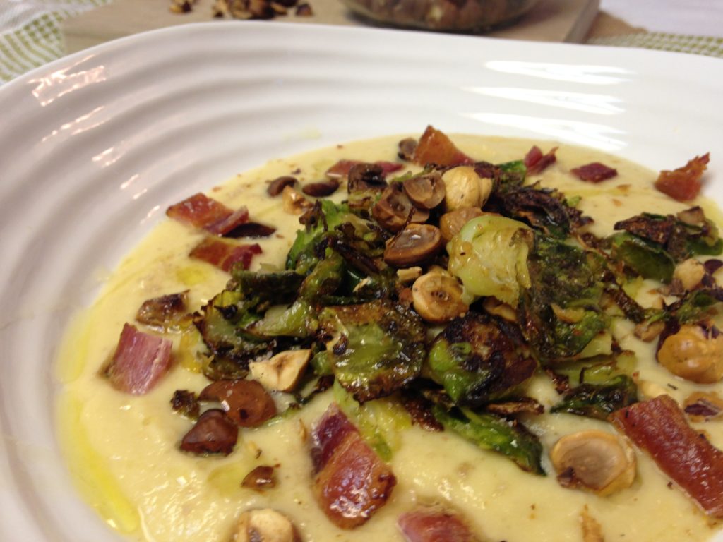 Celeriac Soup with Toasted Hazelnuts, Brussels & Smoked Bacon